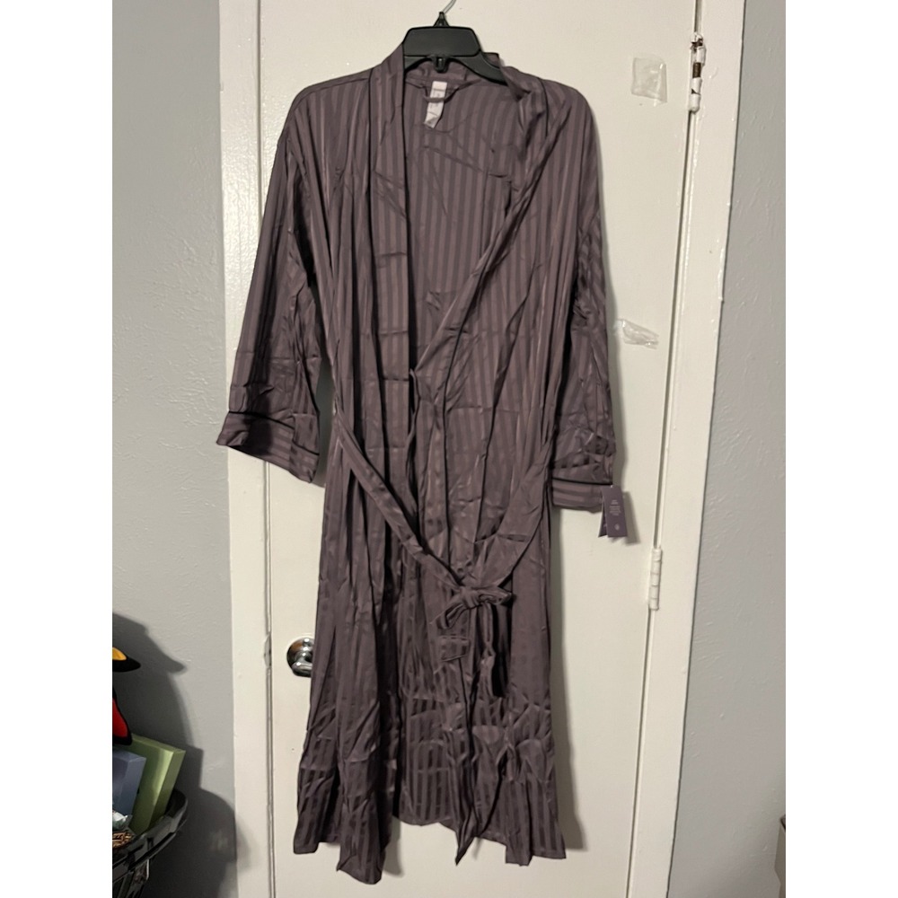 Auden Luxury Collection Deep Purple Striped Satin Robe Long Sleeve M/L NWT